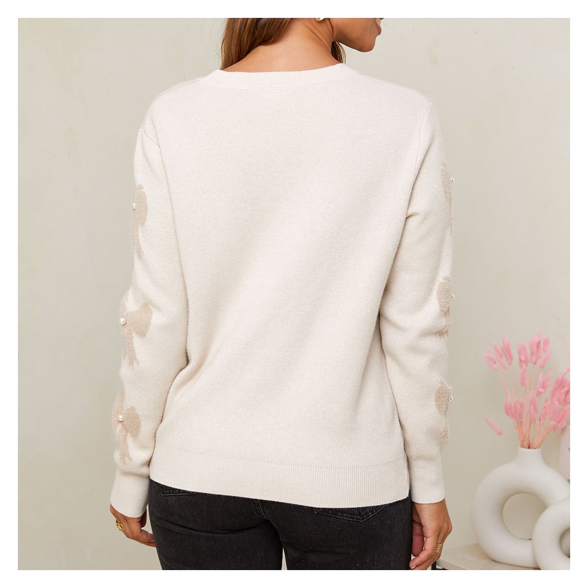 Beige Cashmere Blend Round Neck Print Jumper main product photo