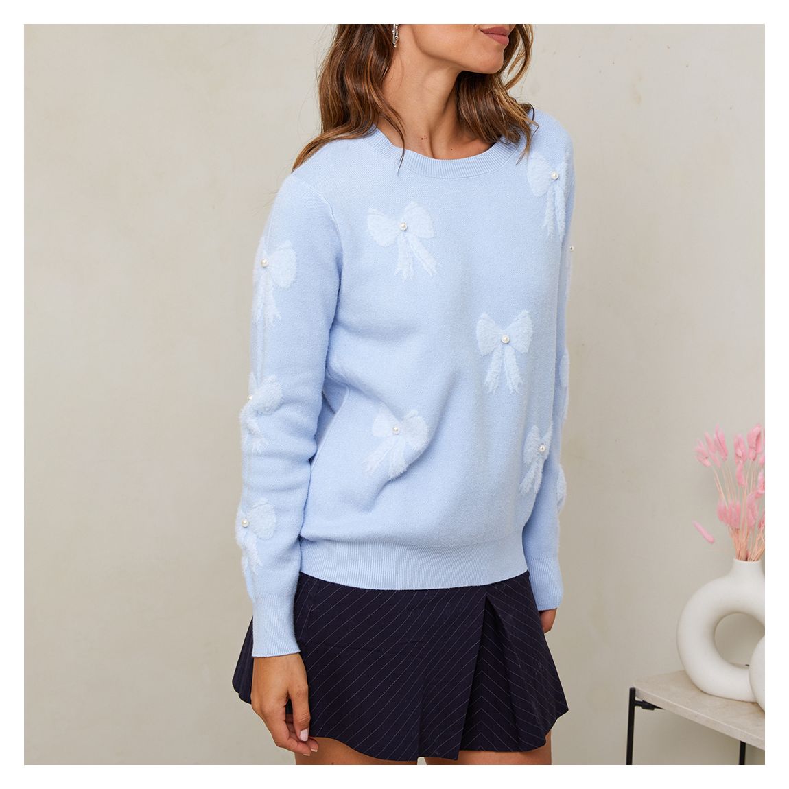 Light Blue Cashmere Blend Round Neck Print Jumper main product photo