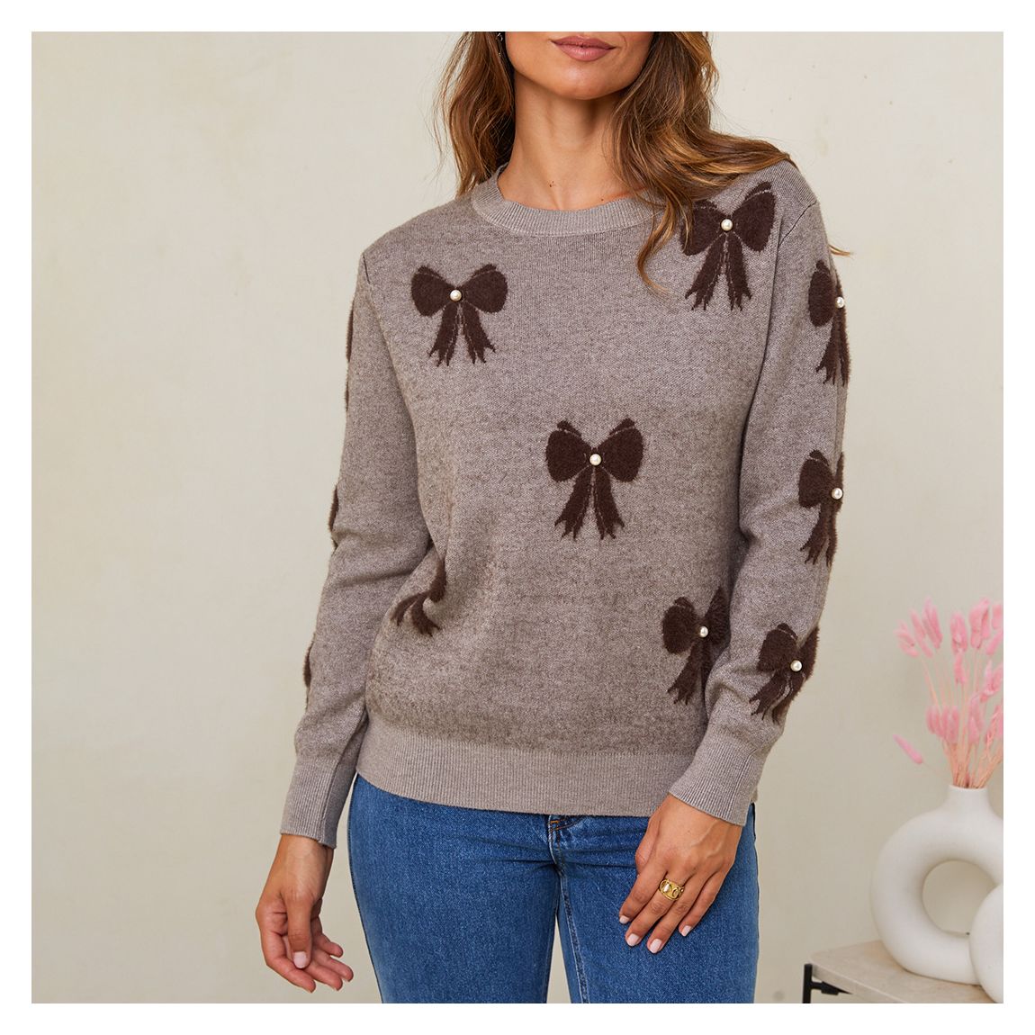 Taupe Cashmere Blend Round Neck Print Jumper main product photo