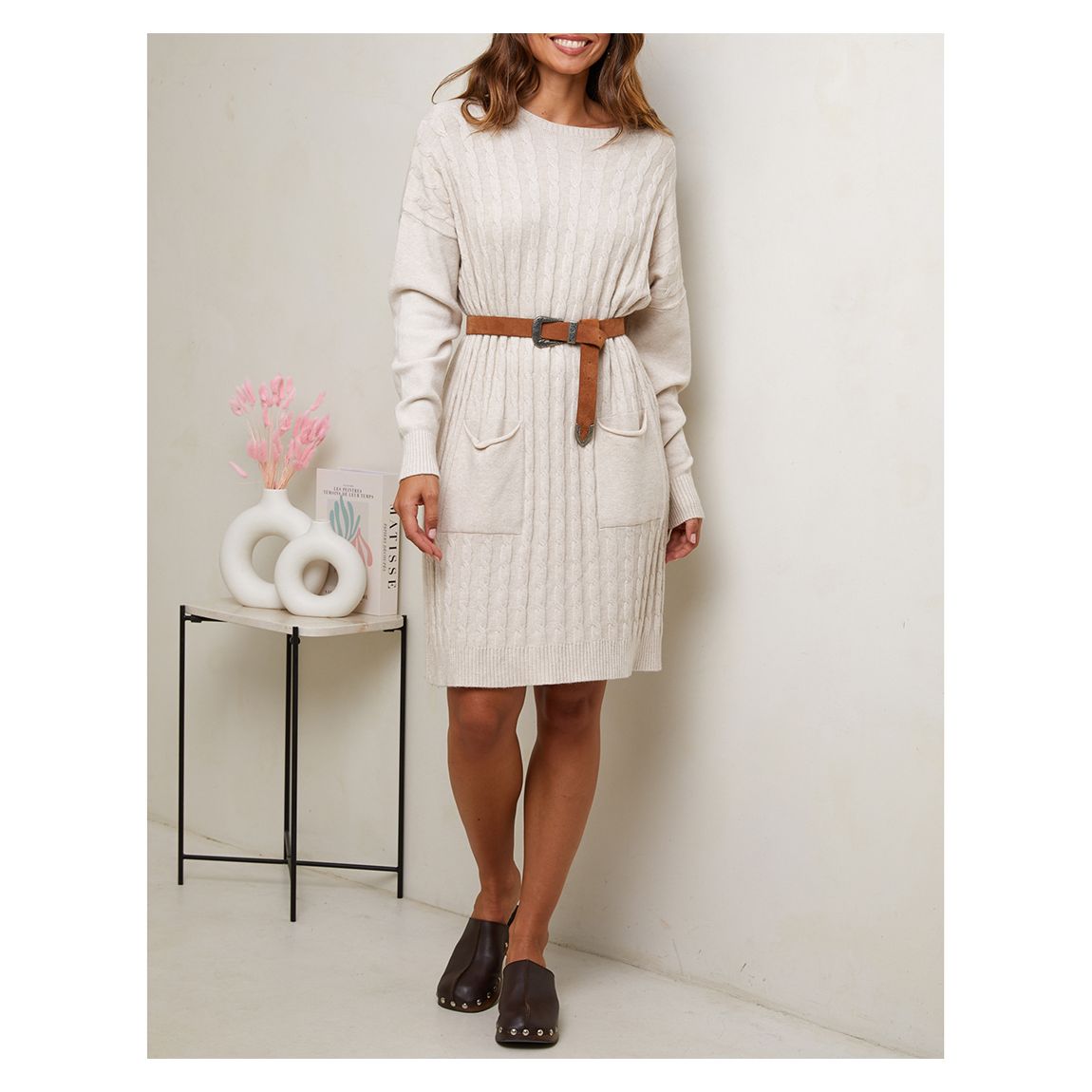 Beige Cashmere Blend Textured Knee Length Dress main product photo
