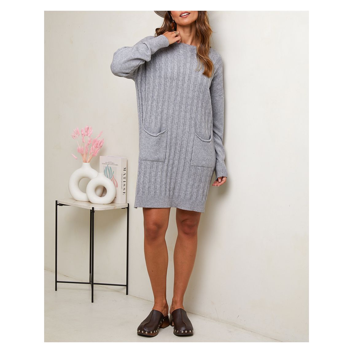 Beige Cashmere Blend Textured Knee Length Dress main product photo