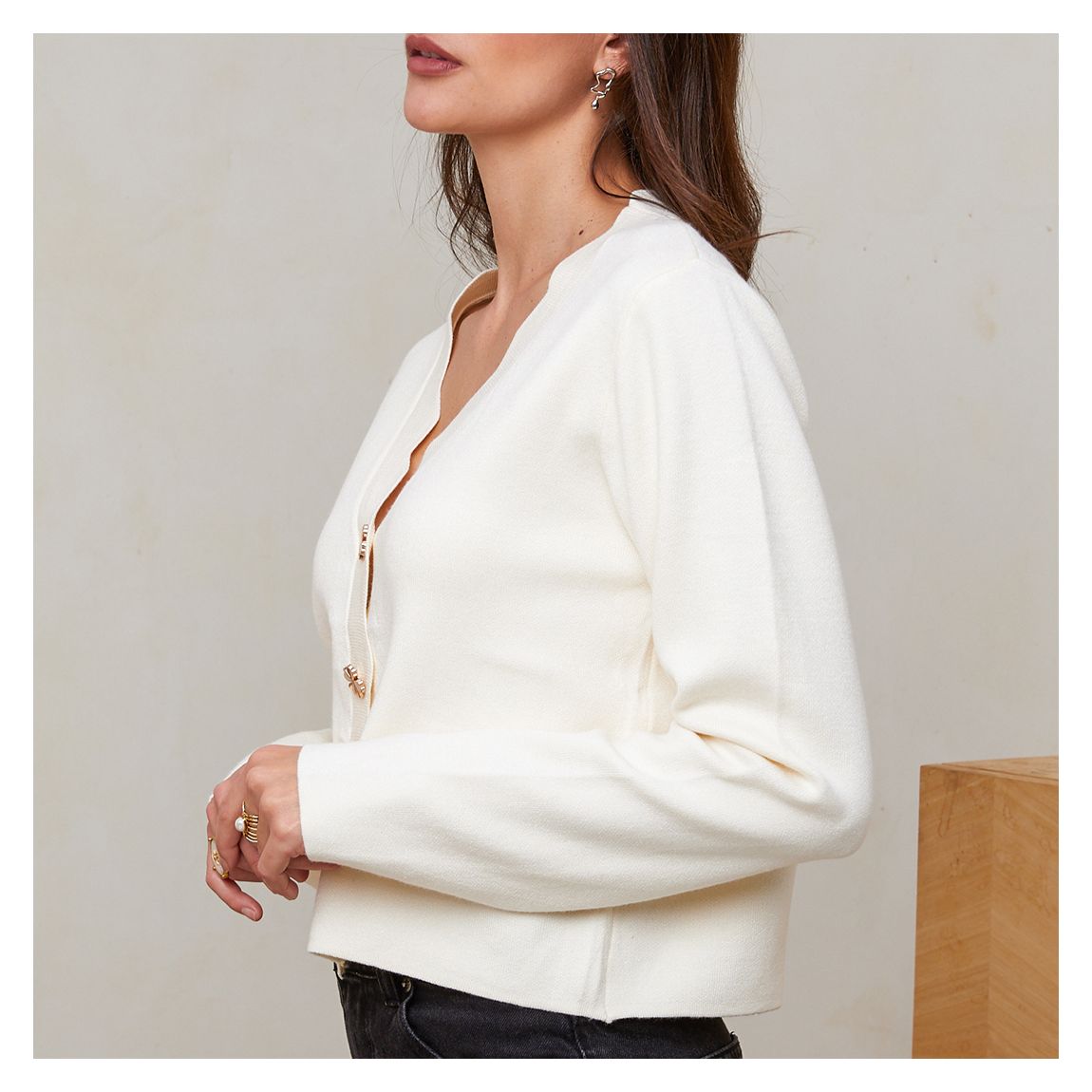 Ecru Cashmere Blend Scallop Edge Cardigan main product photo