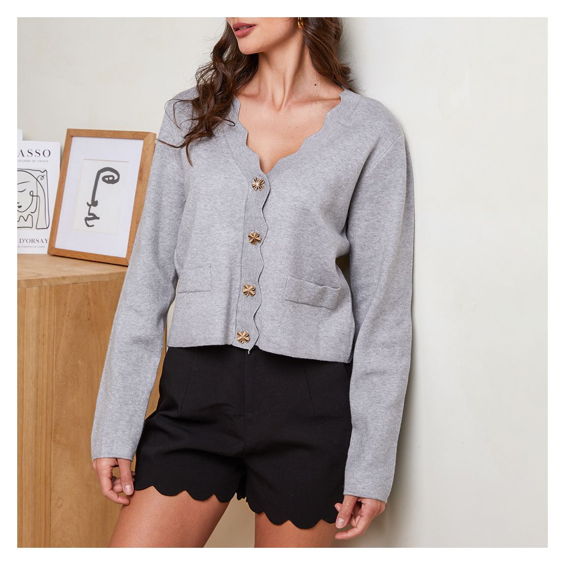 Grey Cashmere Blend Scallop Edge Cardigan main product photo