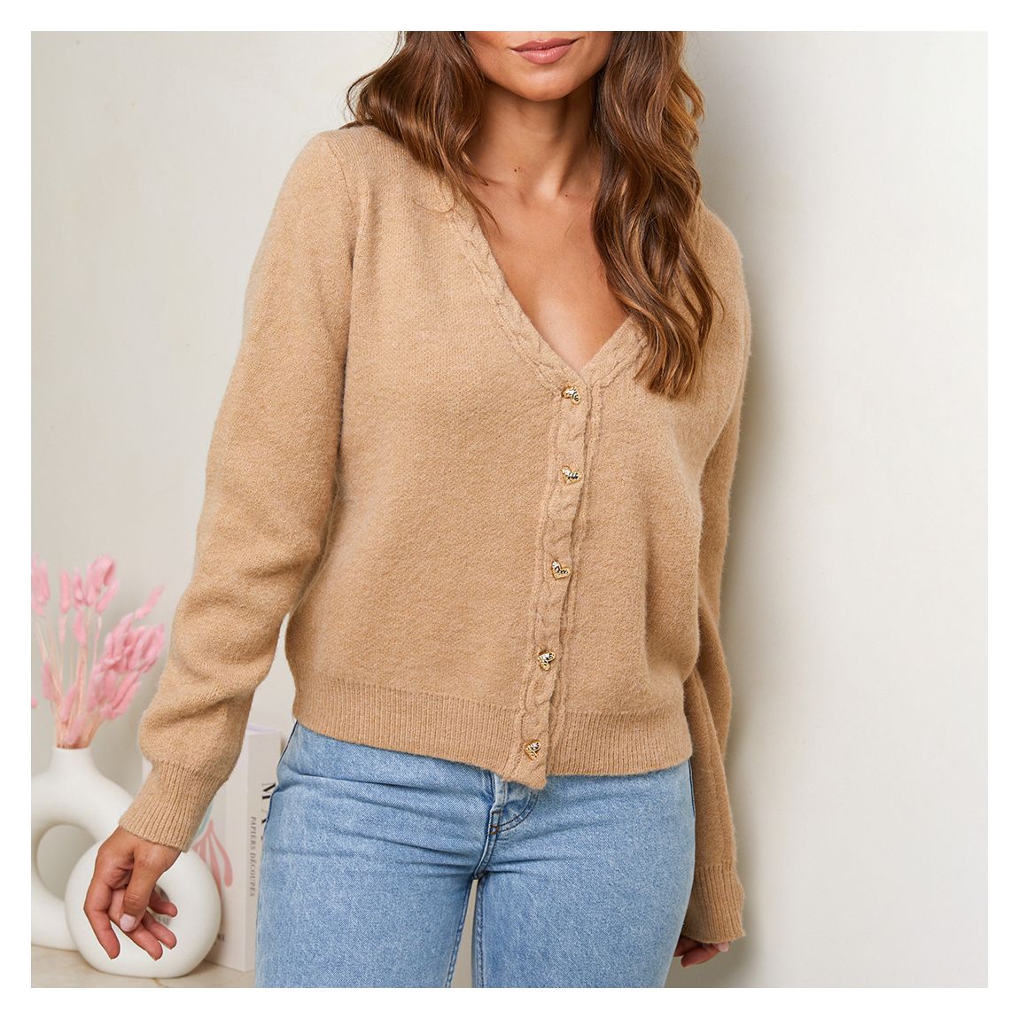 Camel Cashmere Blend Textured Trim Cardigan main product photo