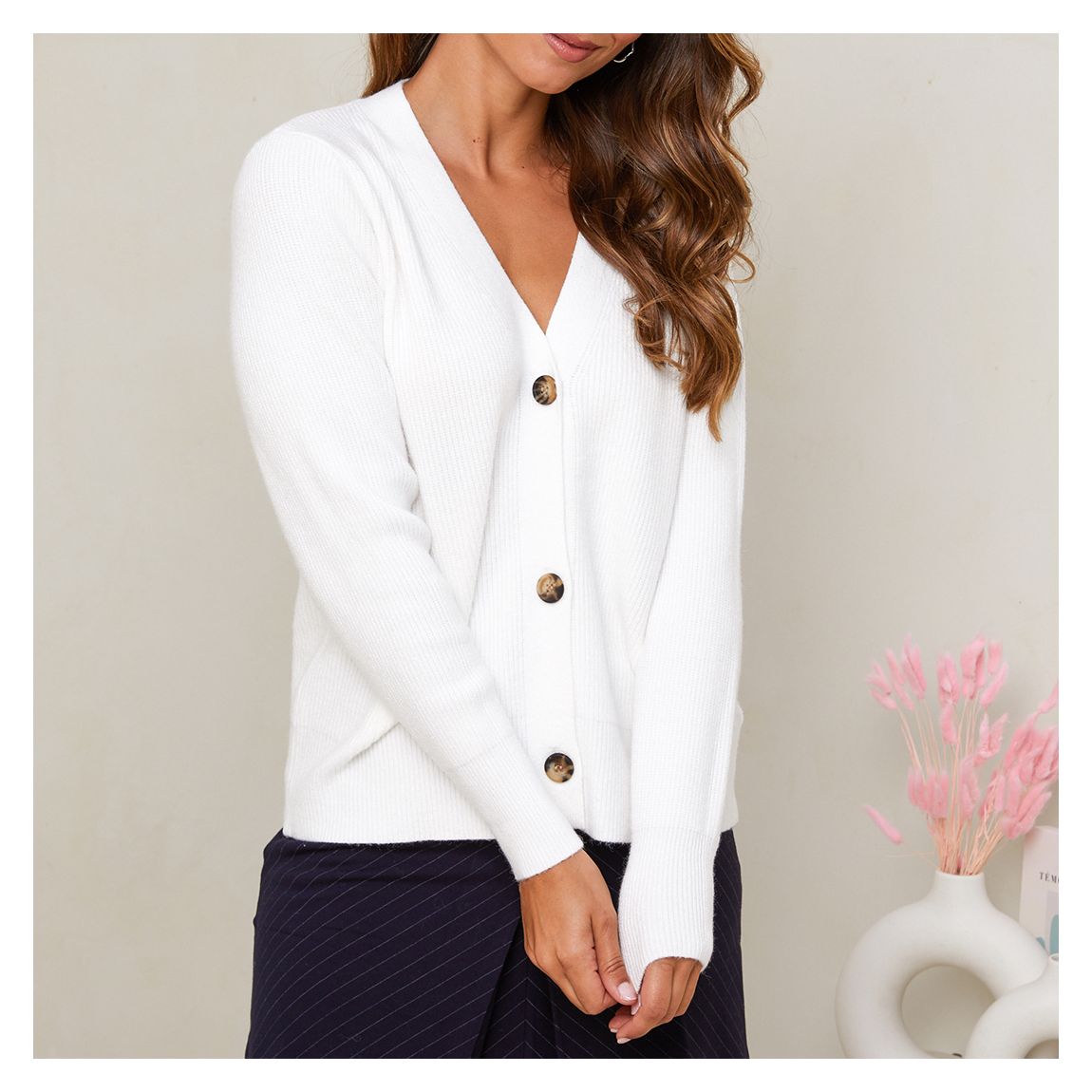 White Cashmere Blend Button Cardigan main product photo