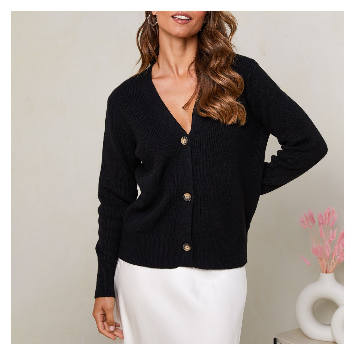 Black Cashmere Blend Button Cardigan main product photo