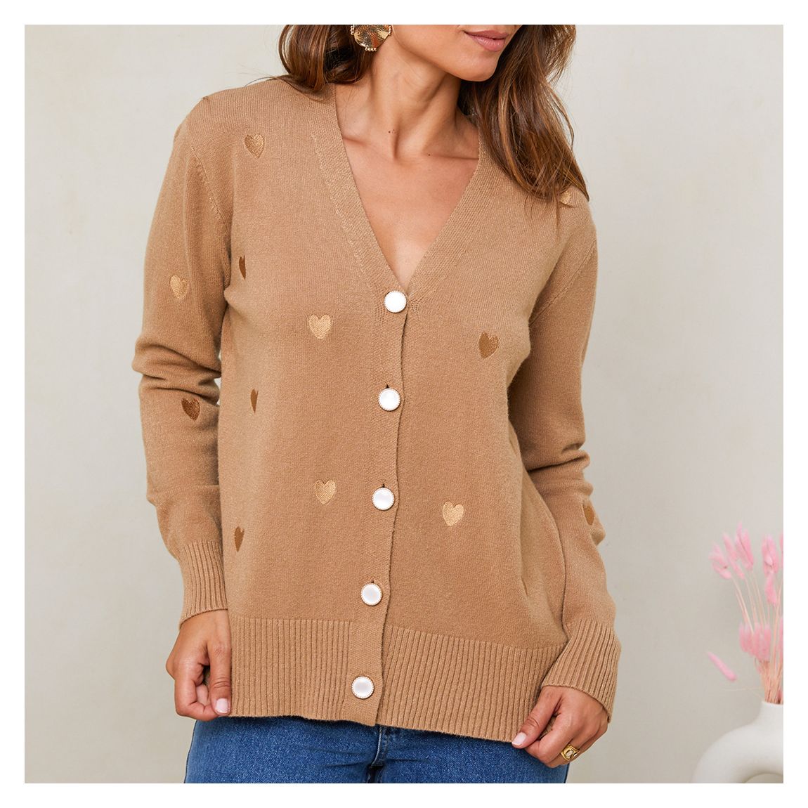 Camel Cashmere Blend Embroidered Cardigan main product photo