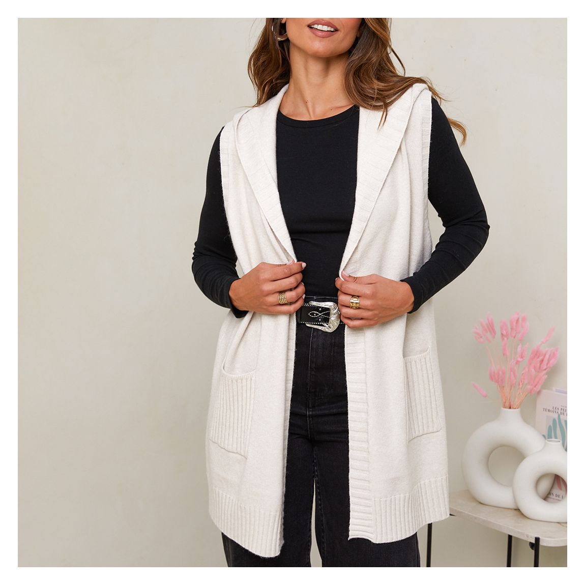 Ecru Cashmere Blend Hooded Cardigan main product photo