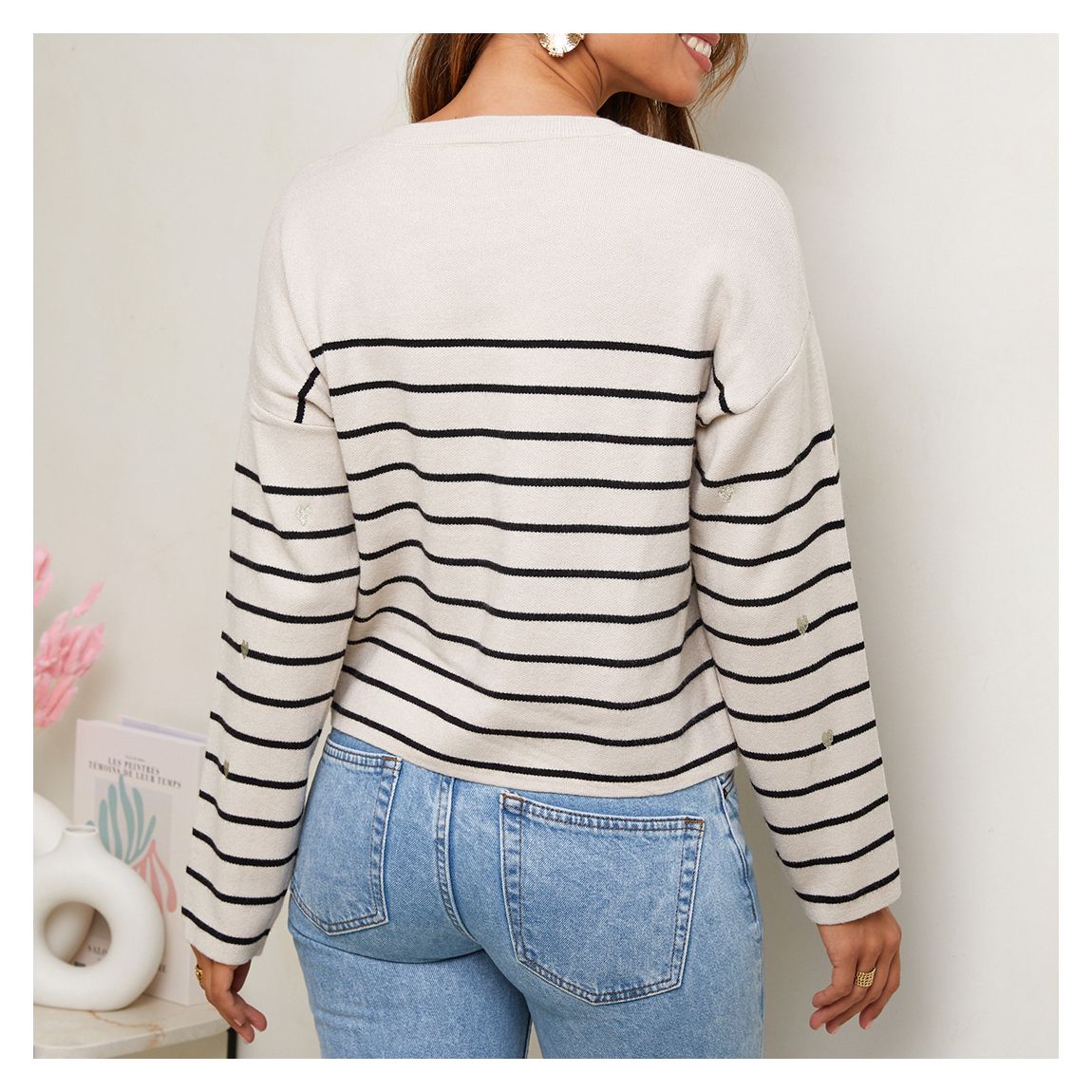 Beige Cashmere Blend Striped Crop Jumper main product photo