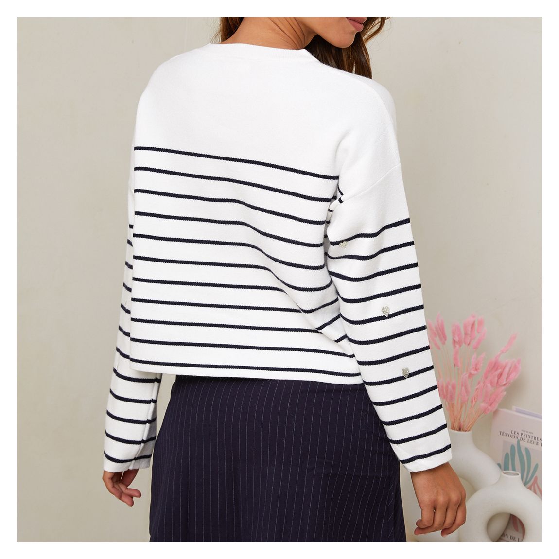 White Cashmere Blend Striped Crop Jumper main product photo