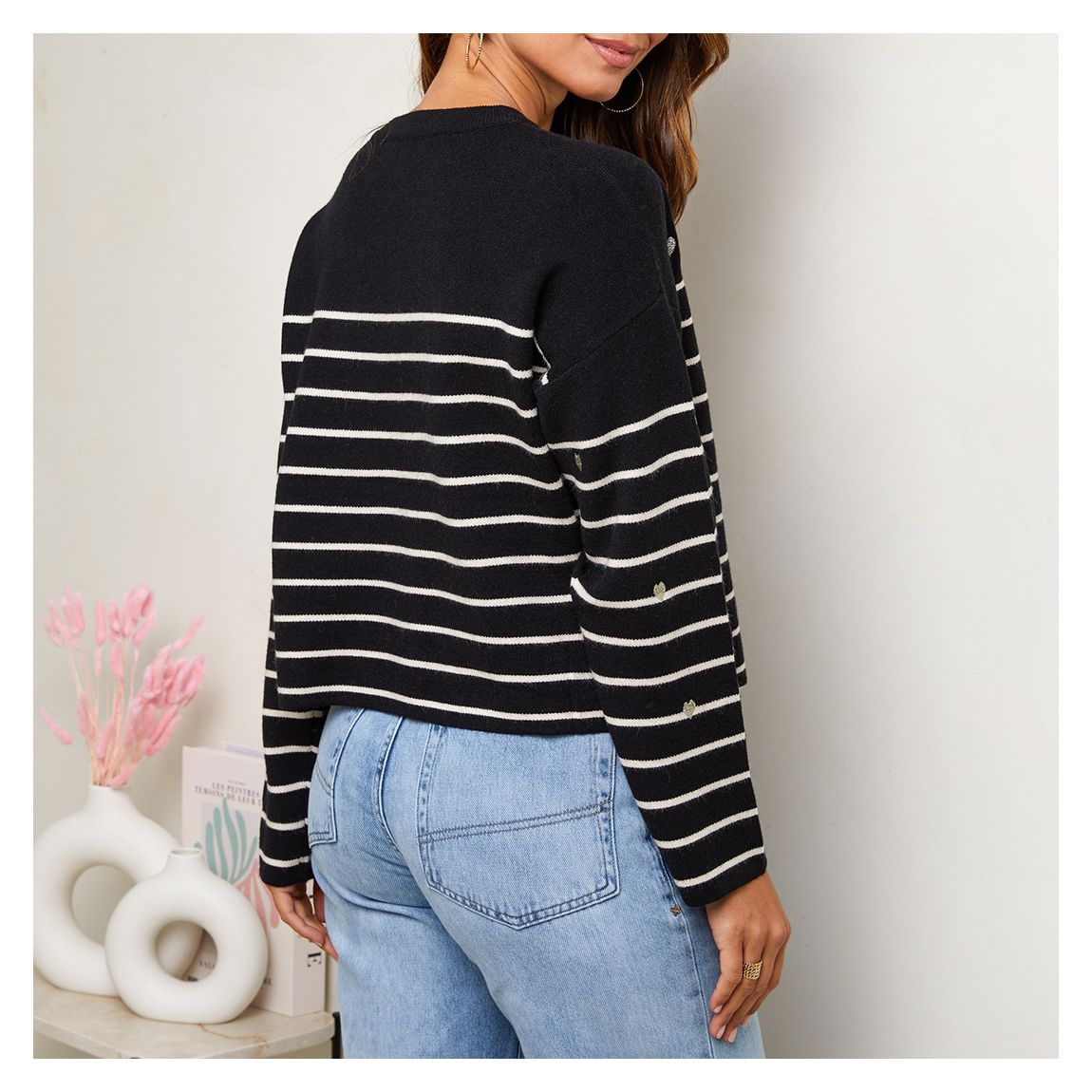 Beige Cashmere Blend Striped Crop Jumper main product photo