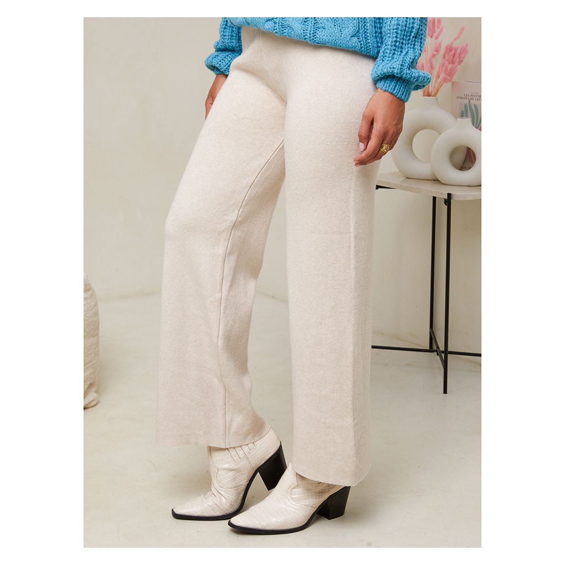 Beige Cashmere Blend Wide Leg Trousers main product photo