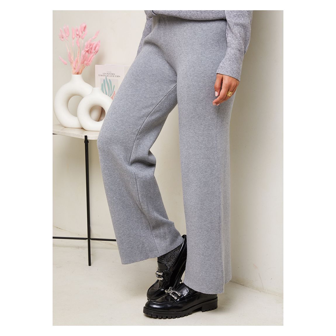 Grey Cashmere Blend Wide Leg Trousers main product photo