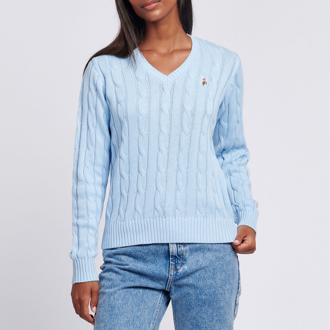 Blue V-Neck Cable Knit Cotton Jumper main product photo