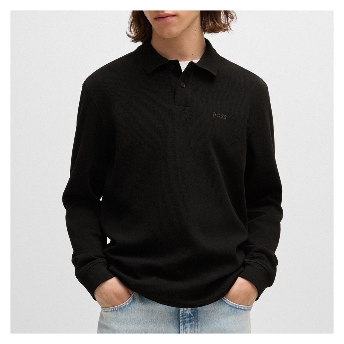 Black Long Sleeve Cotton Blend Polo Shirt main product photo