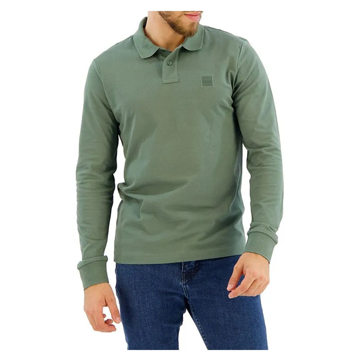 Green Long Sleeve Cotton Blend Polo Shirt main product photo