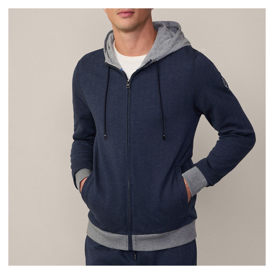 Navy Zipped Cotton Blend Hoodie main product photo