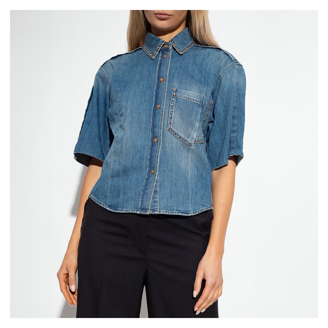 Blue Waisted Pleat Detail Denim Shirt main product photo