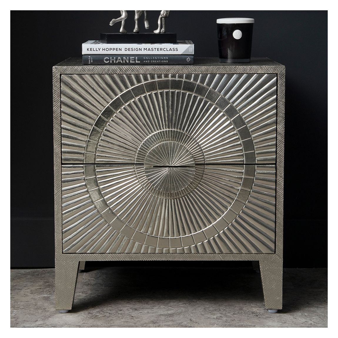 Coco Silver Embossed Metal 2 Drawer Bedside Table main product photo