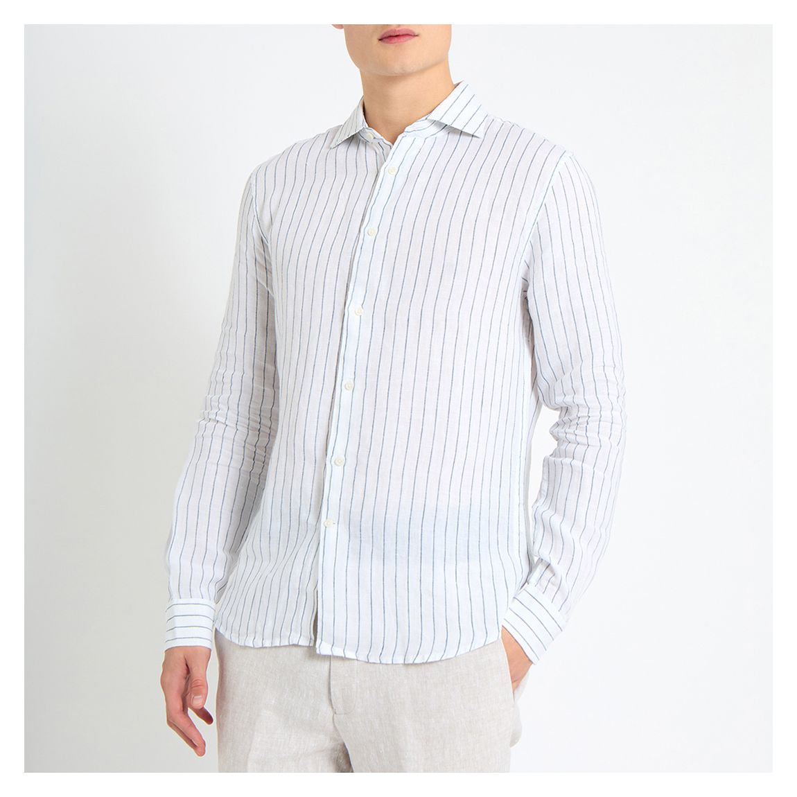 White Striped Remi Long Sleeve Linen Shirt main product photo