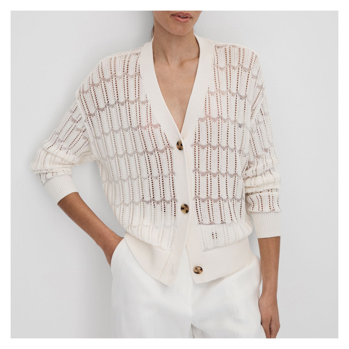 Ivory Ottie Cotton Blend Crochet Cardigan main product photo
