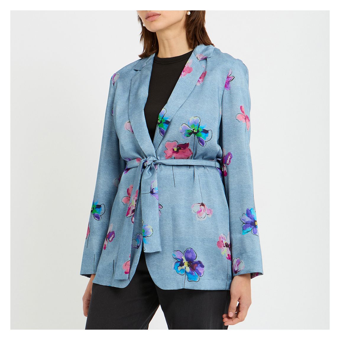 Blue Floral Tie Waist Tuc Blazer main product photo