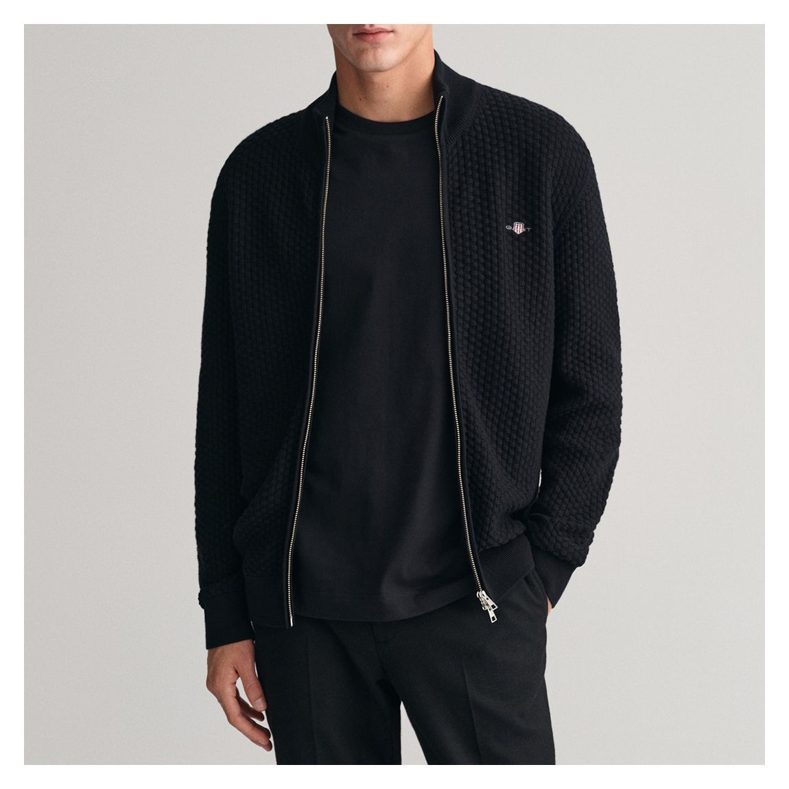 Black Textured Zip Cotton Cardigan main product photo