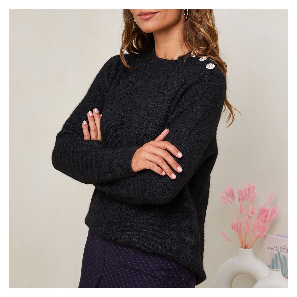 Black Cashmere Blend Studded Shoulder Jumper main product photo