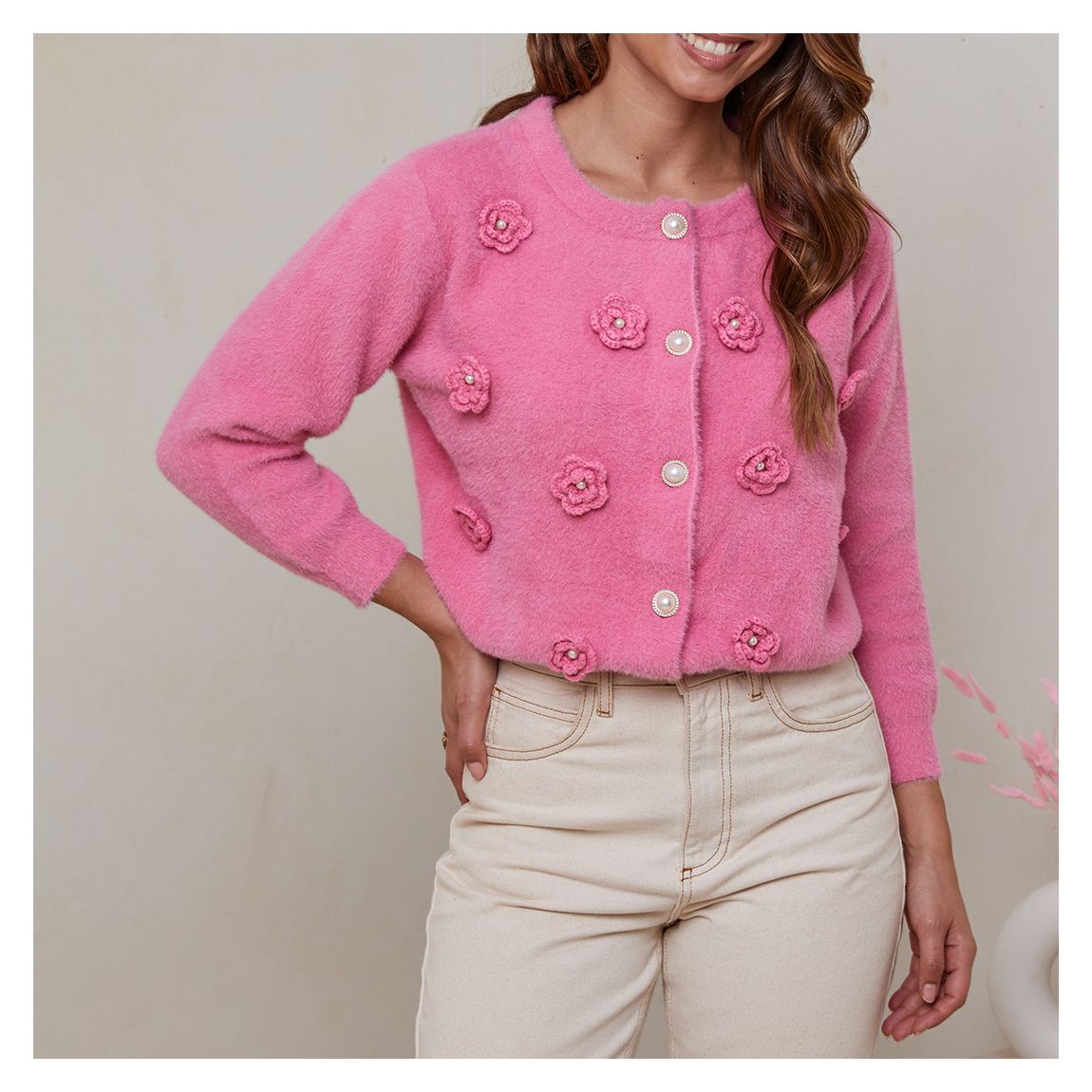 Pink Rose Detail Cashmere Blend Cardigan main product photo