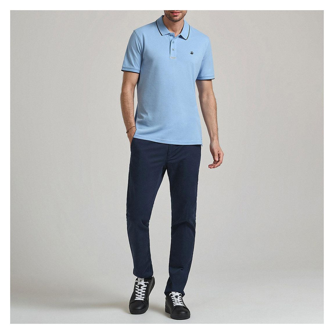 Blue/Black Tipped Placket Tag Cotton Pique Polo Shirt main product photo
