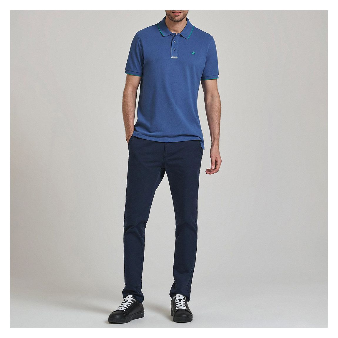 Blue/Green Tipped Placket Tag Cotton Pique Polo Shirt main product photo