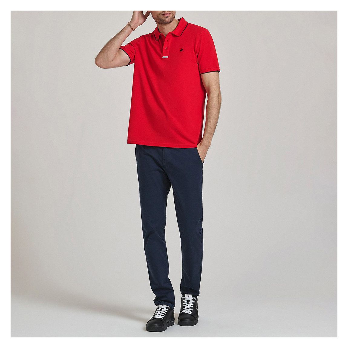 Red/Black Tipped Placket Tag Cotton Pique Polo Shirt main product photo