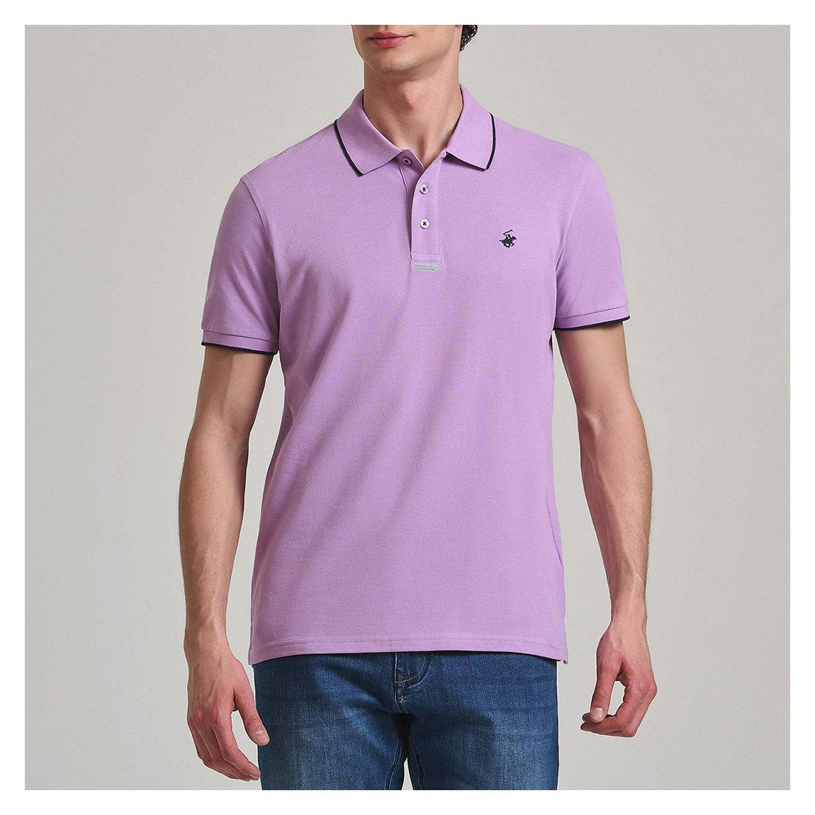 Purple/Black Tipped Placket Tag Cotton Pique Polo Shirt main product photo