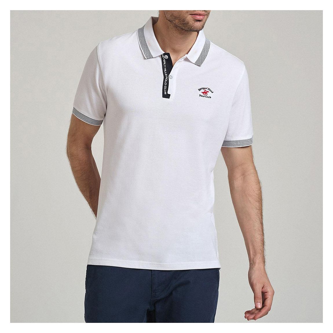 White Contrast Placket Cotton Polo Shirt main product photo