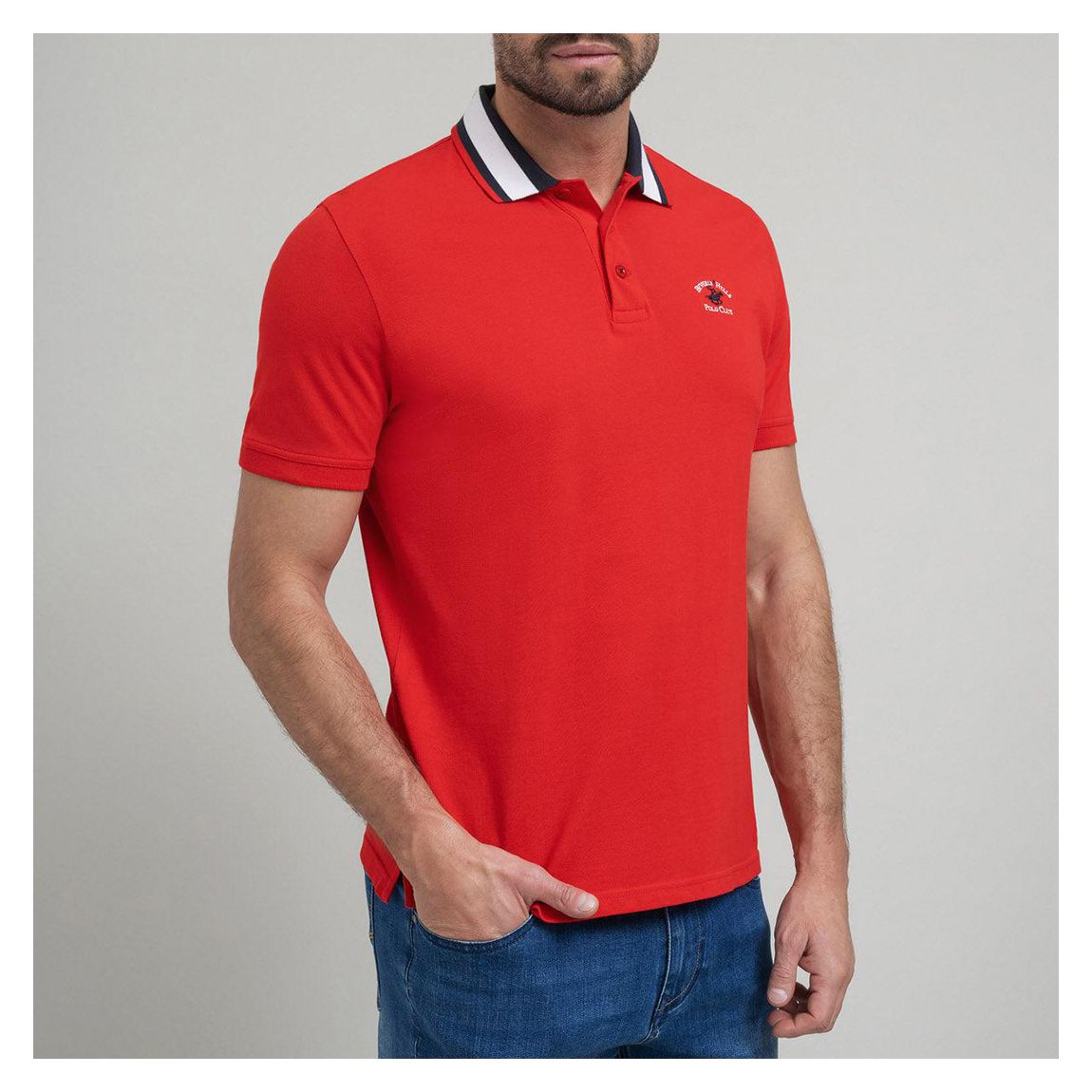 Red Stripe Collar Cotton Polo Shirt main product photo