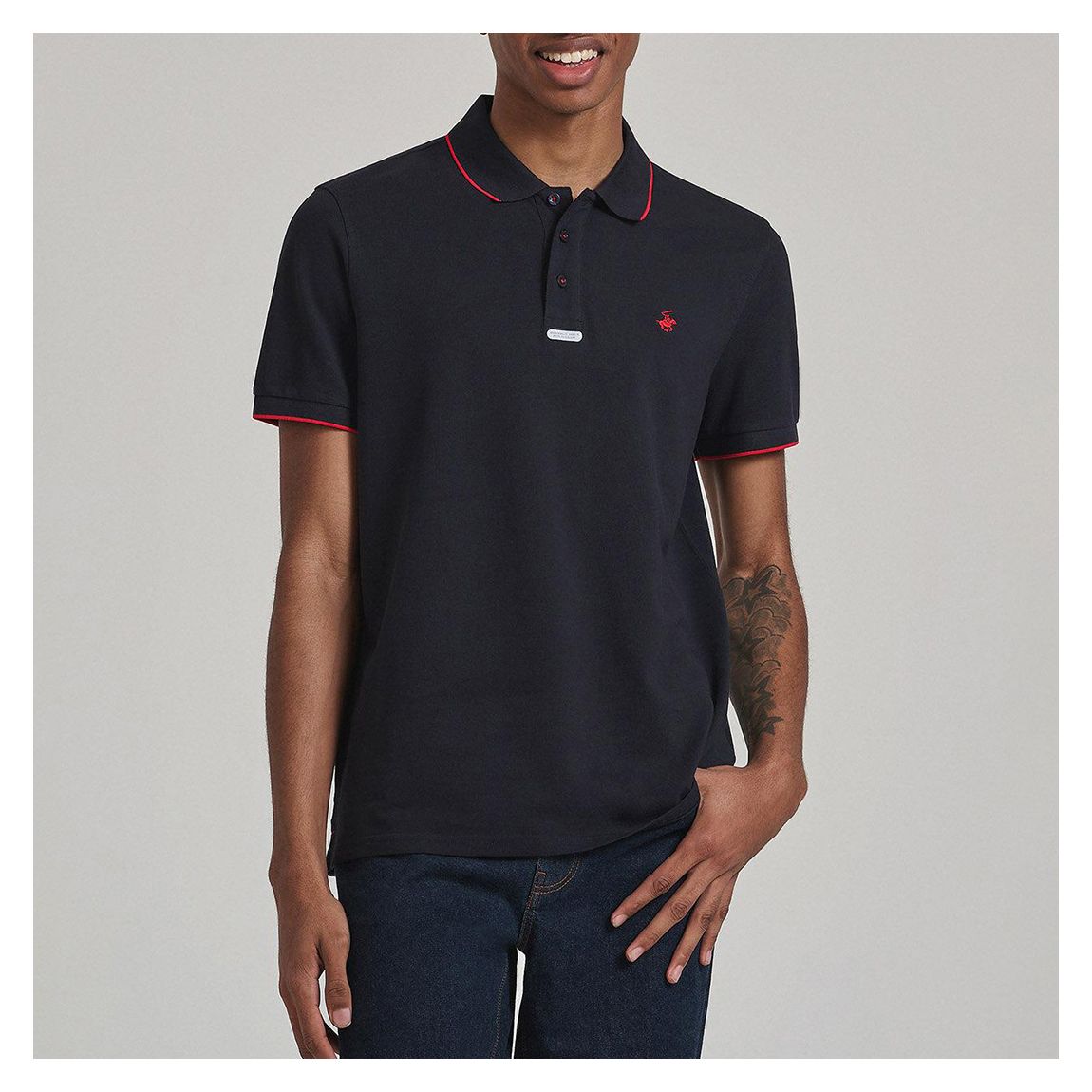 Navy/ Red Tipped Placket Tag Cotton Pique Polo Shirt main product photo