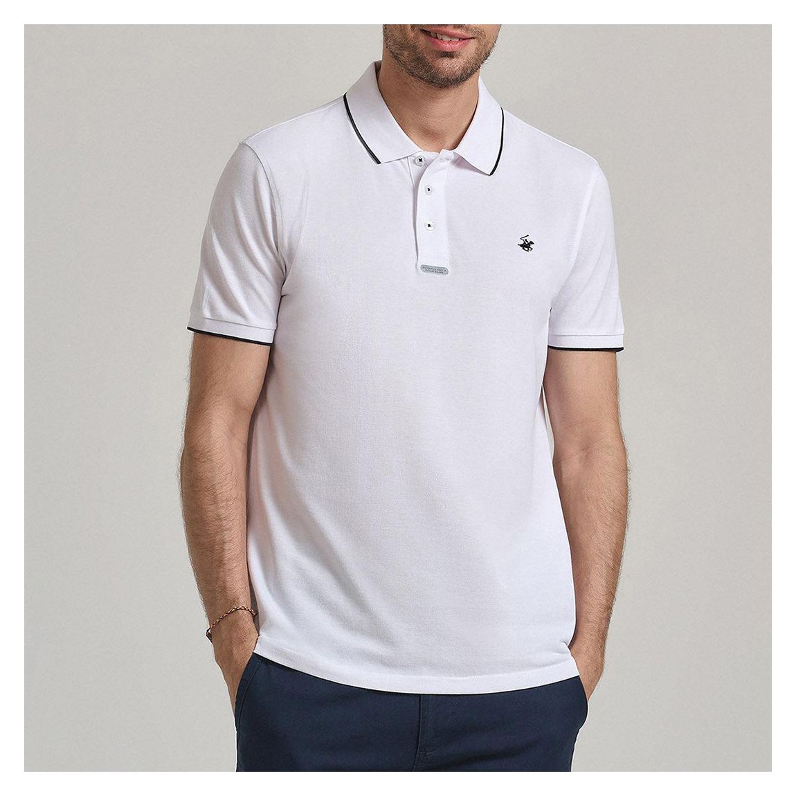 White/Black Tipped Placket Tag Cotton Pique Polo Shirt main product photo