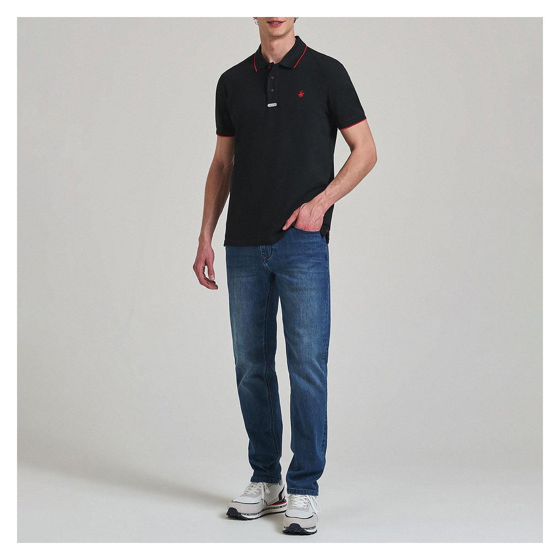 Black/ Red Tipped Placket Tag Cotton Pique Polo Shirt main product photo