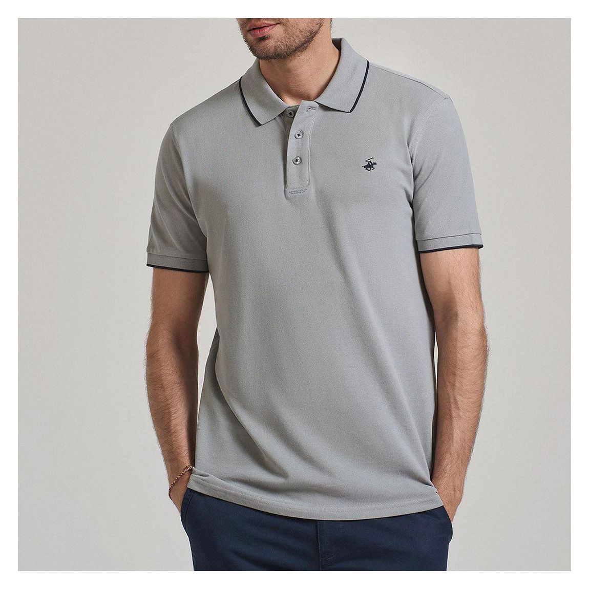 Grey/ Black Tipped Placket Tag Cotton Pique Polo Shirt main product photo