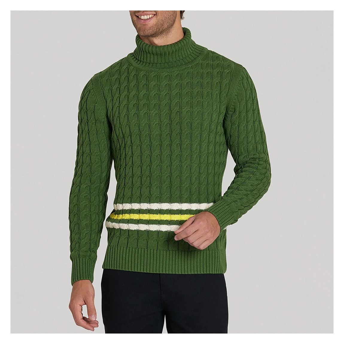 Khaki Striped Cable Knit Roll Neck Jumper main product photo