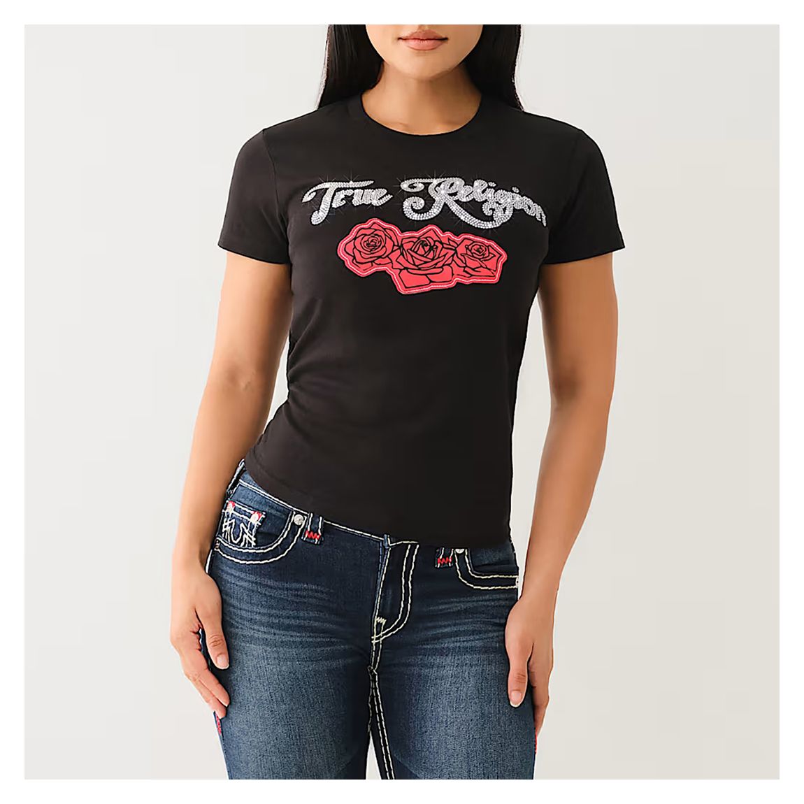 Black Embellished Crystal Rose Cotton T-Shirt main product photo
