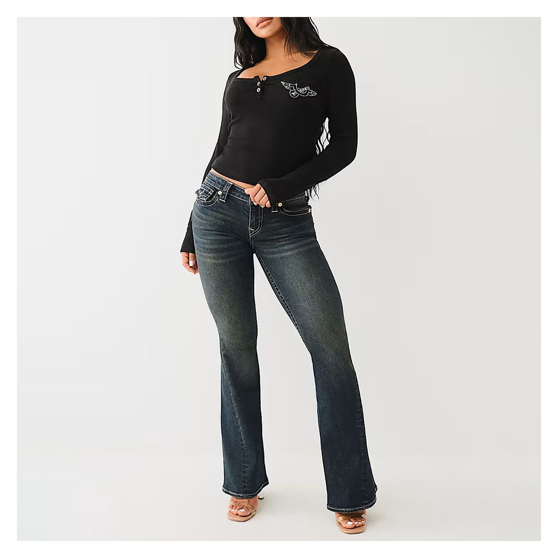 Black Scoop Neck Henley Rib Stretch Top main product photo