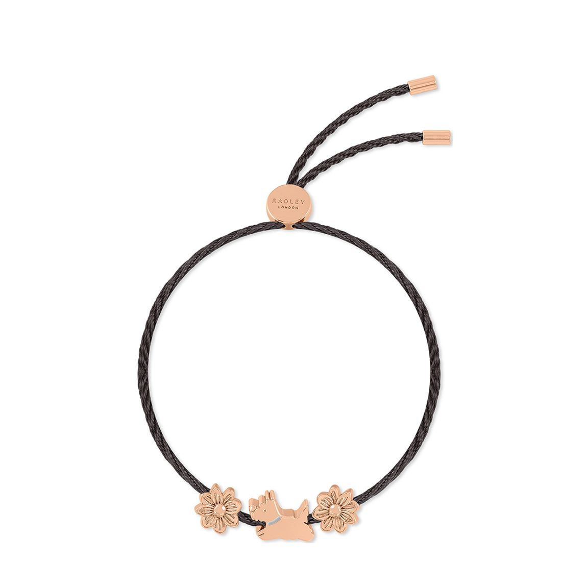 Rose Gold Plated Flower and Jumping Dog Black Cord Friendship Bracelet main product photo