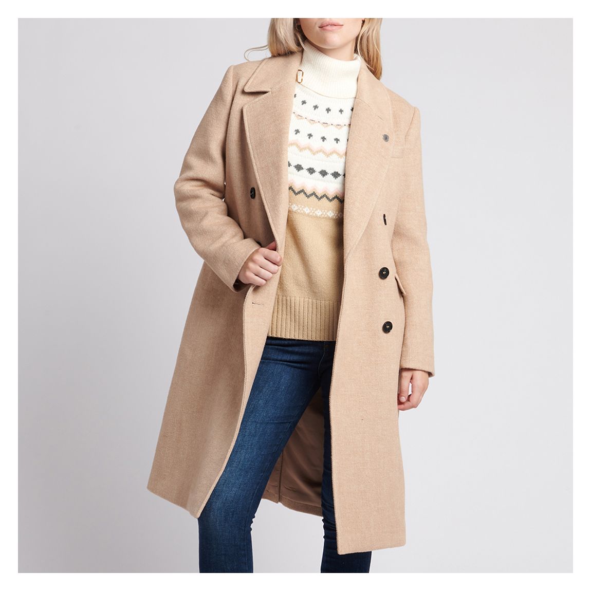 Oatmeal Herringbone Wool Blend Coat main product photo