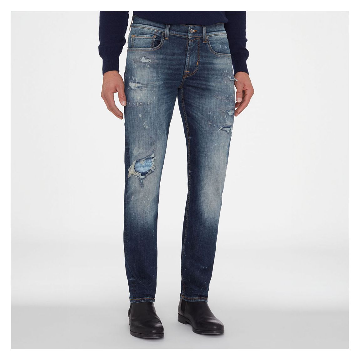 Indigo Slimmy Tapered Stretch Distressed Jeans main product photo