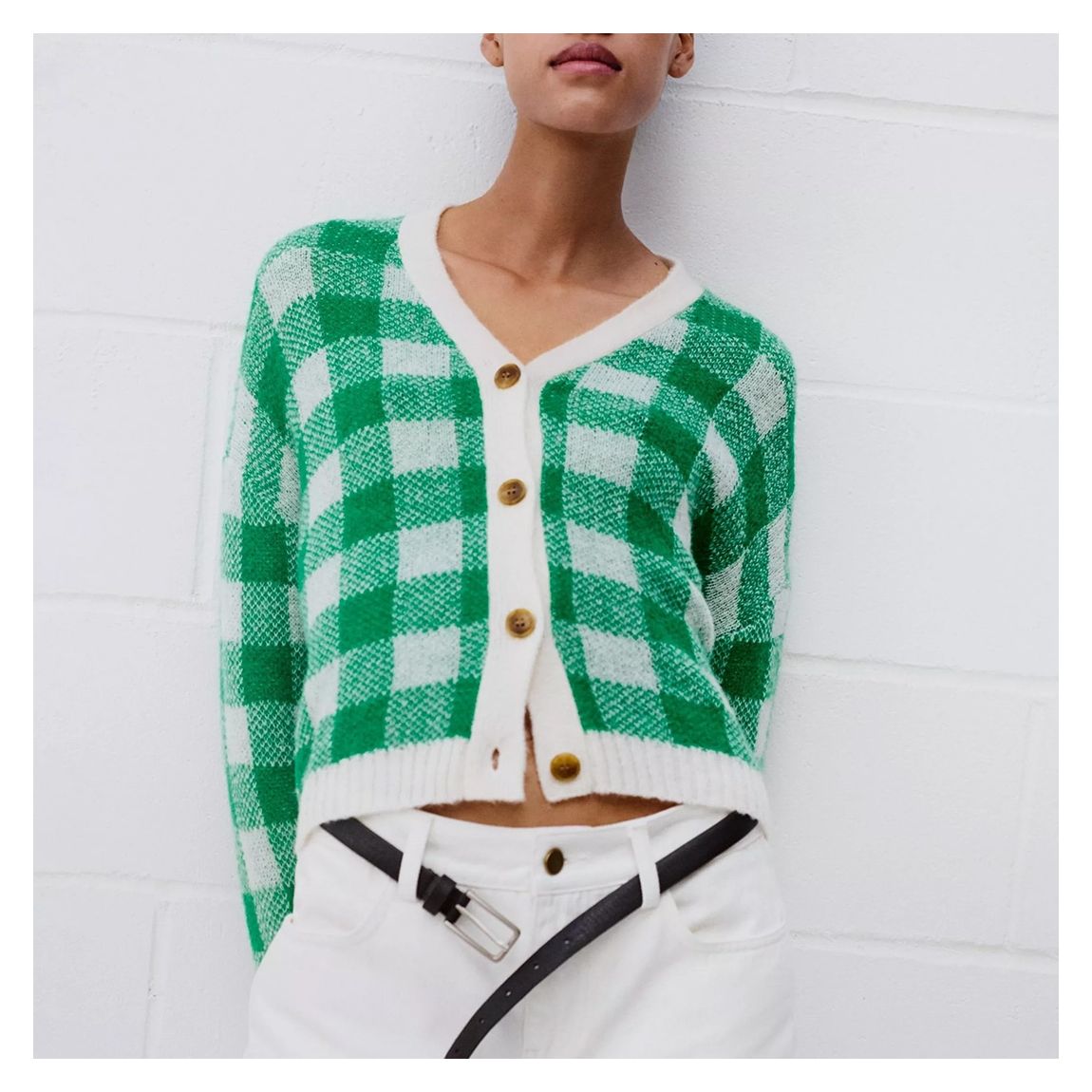 Green Gingham Wool Blend Cardigan main product photo