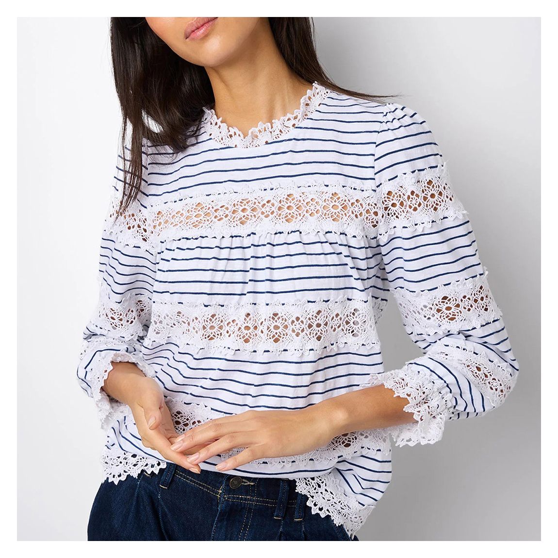Ivory/Navy Ava Lace Stripe Cotton Top main product photo