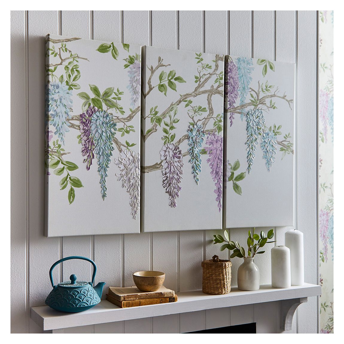 WISTERIA GARDEN SET OF 3 30X60cm PRINTED CANVASES WITH EMBROIDERY DETAIL main product photo