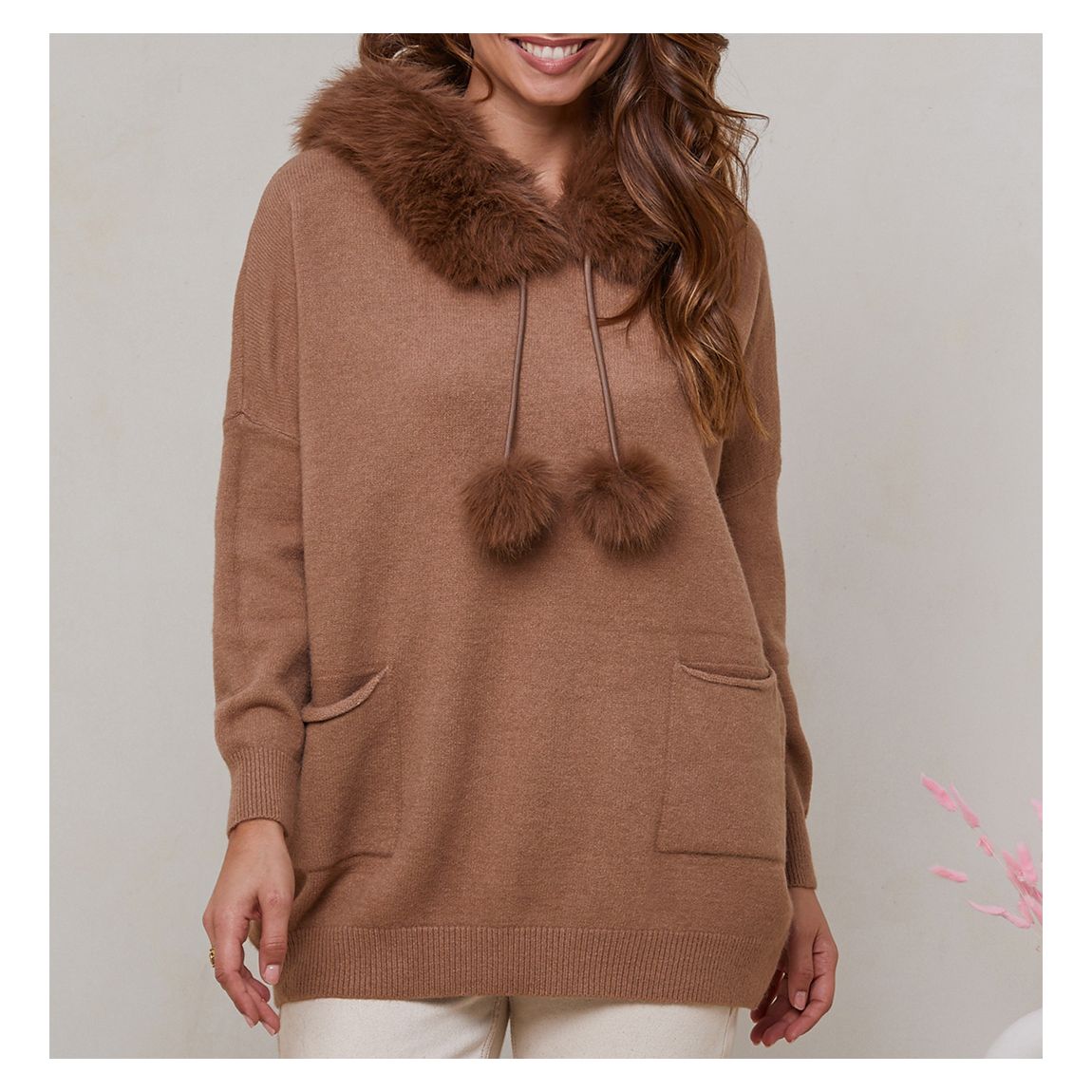 Camel Cashmere Blend Pom Pom Hooded Jumper main product photo