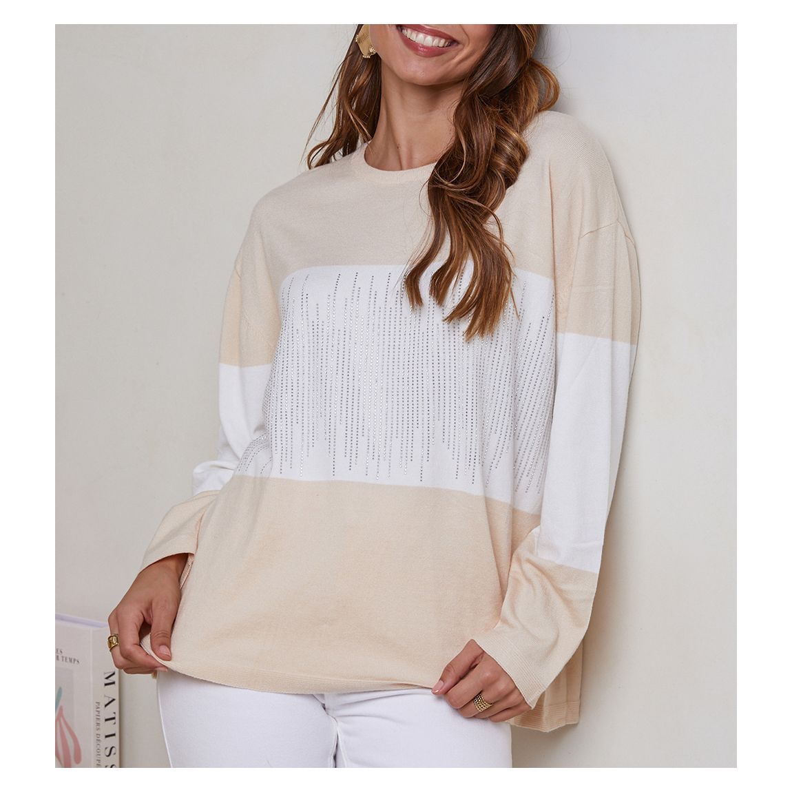 Beige Cashmere Blend Colourblock Sequin Jumper main product photo